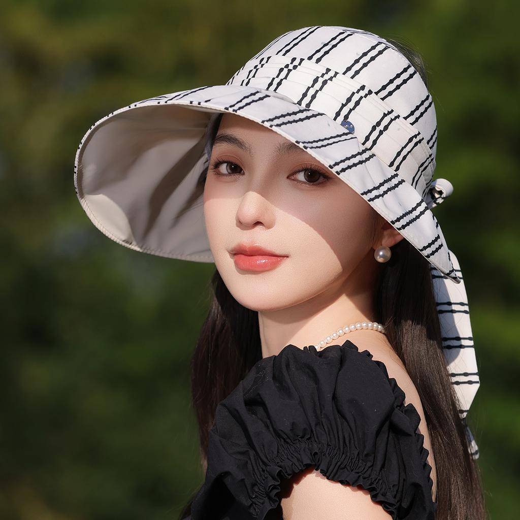 New striped bucket hat women's summer big eaves sunscreen sunshade niche breathable face small hat face cover basin hat