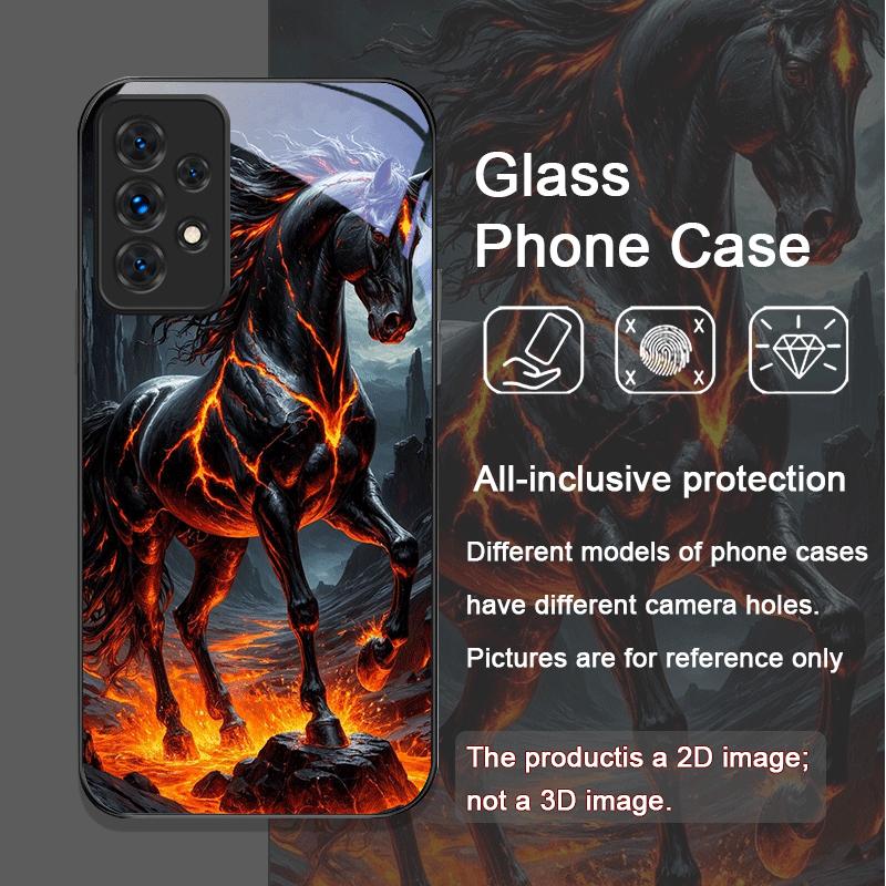 Creative Flame Black Horse Pattern Tempered Glass Phone Case for Samsung Galaxy A56 A72 A55 A54 A53 A52 A36 A51 A15 A14 5G Cover