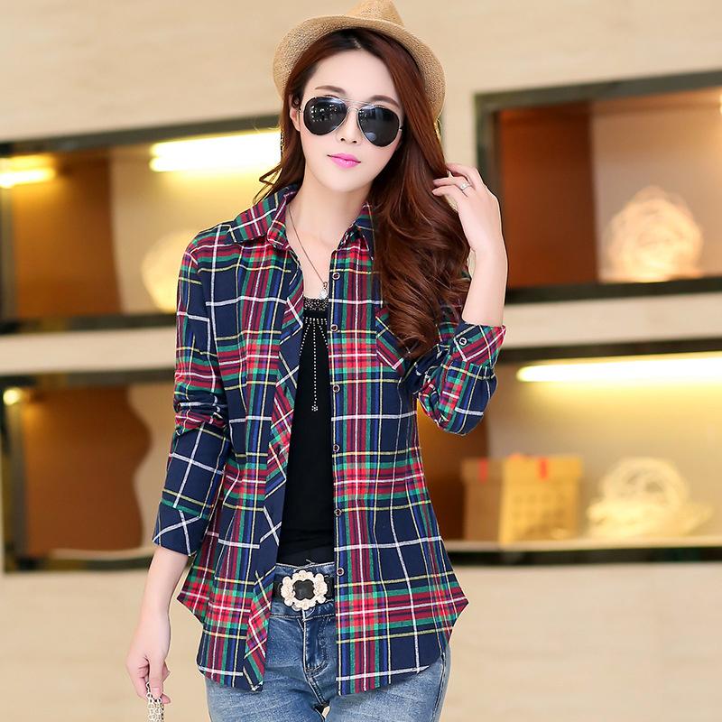 New Cotton Women's Shirts Grid Plus Size M-5XL Blouse Shirt Casual Long Sleeve Checkered Shirt  Turn-down Collar Streetwear