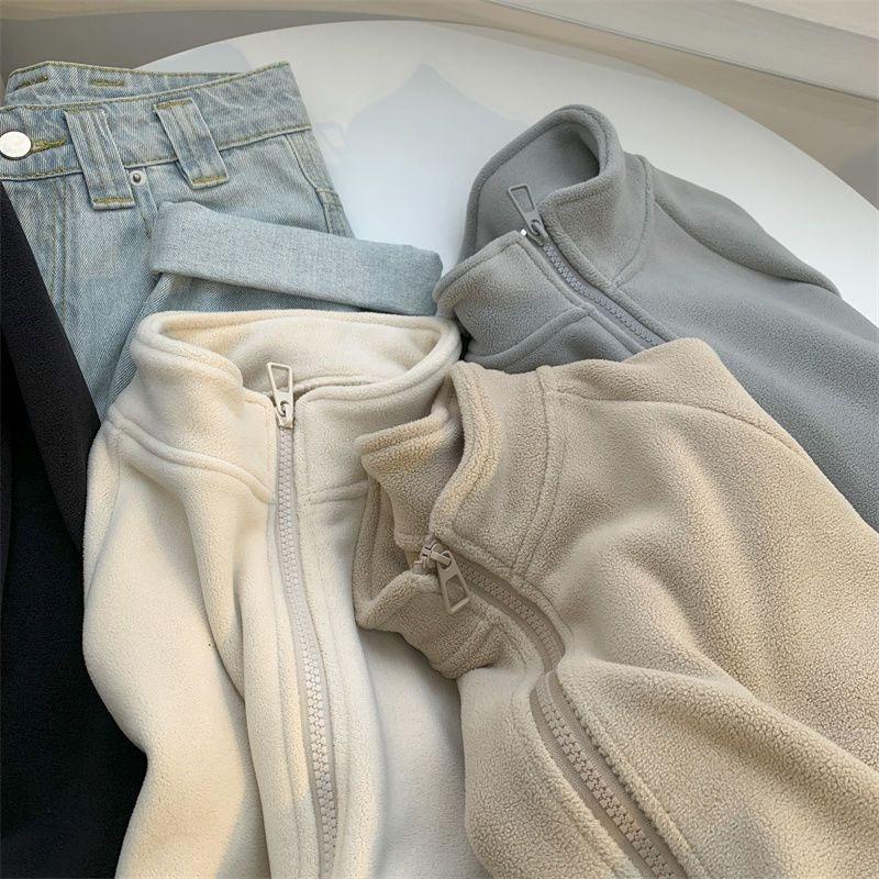 Double-sided warm clothes fleece zipper jacket cardigan women's winter solid color loose coat top women
