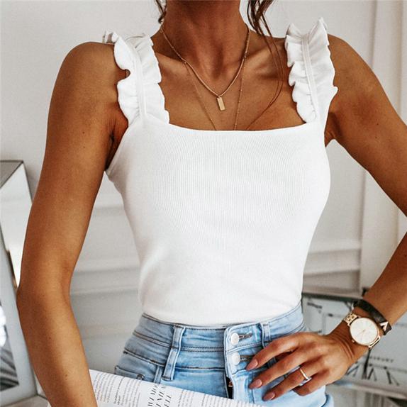 

Женский летний элегантный сексуальный тонкий топ с оборками, повседневная рубашка без рукавов, однотонный однотонный уличный модный женский топ S белый