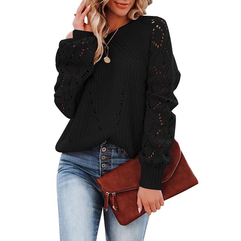 Europe, America Autumn and Winter New Ebay Hollow Pattern Knitted Sweater Round Neck Solid Color Loose Fashion Pullover
