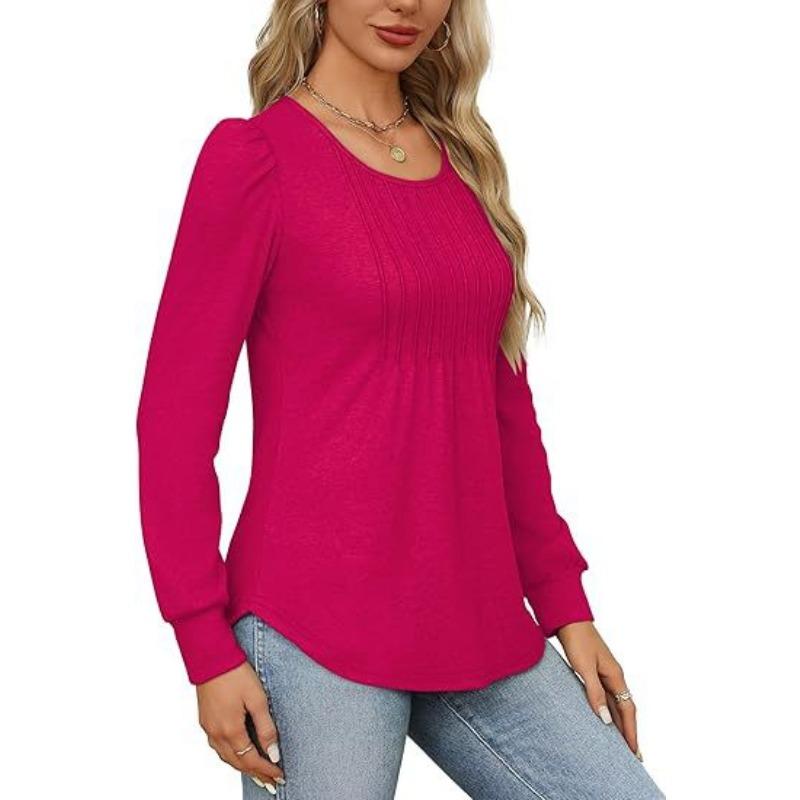 Women's Blouse Bubble Sleeve Drawstring Ruffle Round Neck Long Sleeve Top