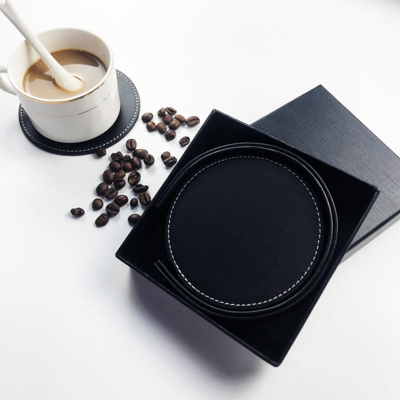 Round spot leather teacup mat can be ordered lOGO hand sewing with oil edge pu leather coaster thermal insulation mat wholesale