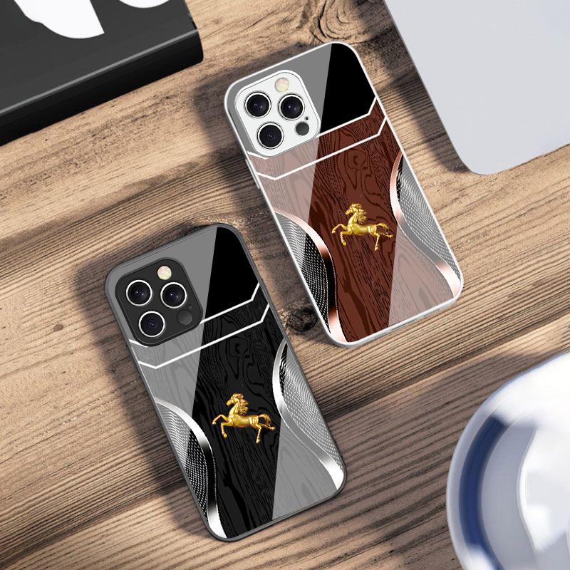 Wood Grain Golden Horse For IPhone 16 Pro Max 15 Pro 14 13 12 Mini 11 XS M Ax XR 7 8 Plu SE 2022 Tempered Glass Phone Case