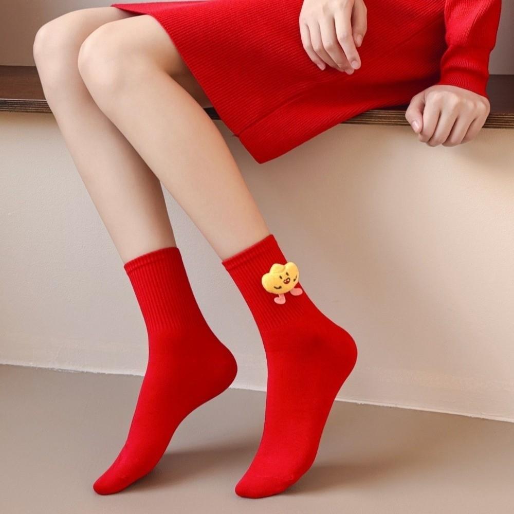 Cartoon Pony New Year Tube Socks Mid Calf Red Cotton Socks Funny Zodiac Year Socks  Winter Autumn