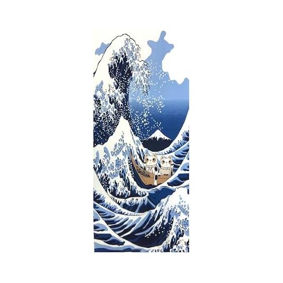 [YAGISEI] YAGISEI Lucky Cat Series Printed Tenugui  Wave Fuji  Hokusai Parody Lucky Charm 100% Cotton Made in Japan