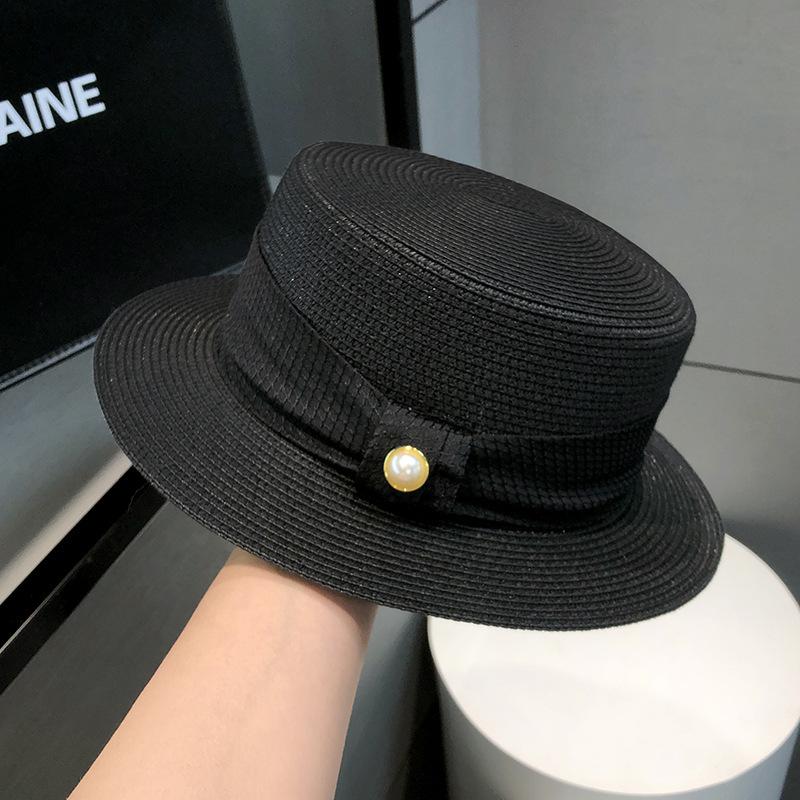 Sunscreen Hat Women's French Flat-top Pearl Top Hat Summer British Celebrity Style Casual Versatile Sun Straw Hat