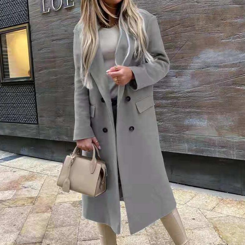 Women's Autumn and Winter Long-sleeved Suit Collar Double-breasted Nylon Jacket Coat