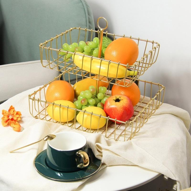 Nordics Wrought Iron Double Tiered Fruit Bowl For Kitchen Countertop Ventilated Storage Basket for Snacks Candy