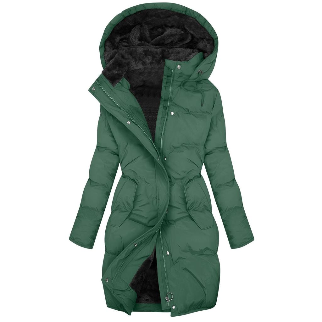 Women's Fashion Solid Color Long Sleeved Hooded Long Zipper Cotton Jacket Warm Coat Down Jacket