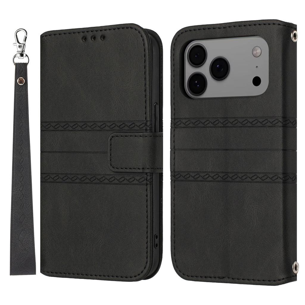 For iPhone 17 Pro Max Case Wallet Skin-Touch Leather Imprinted Phone Cover with Wrist Strap