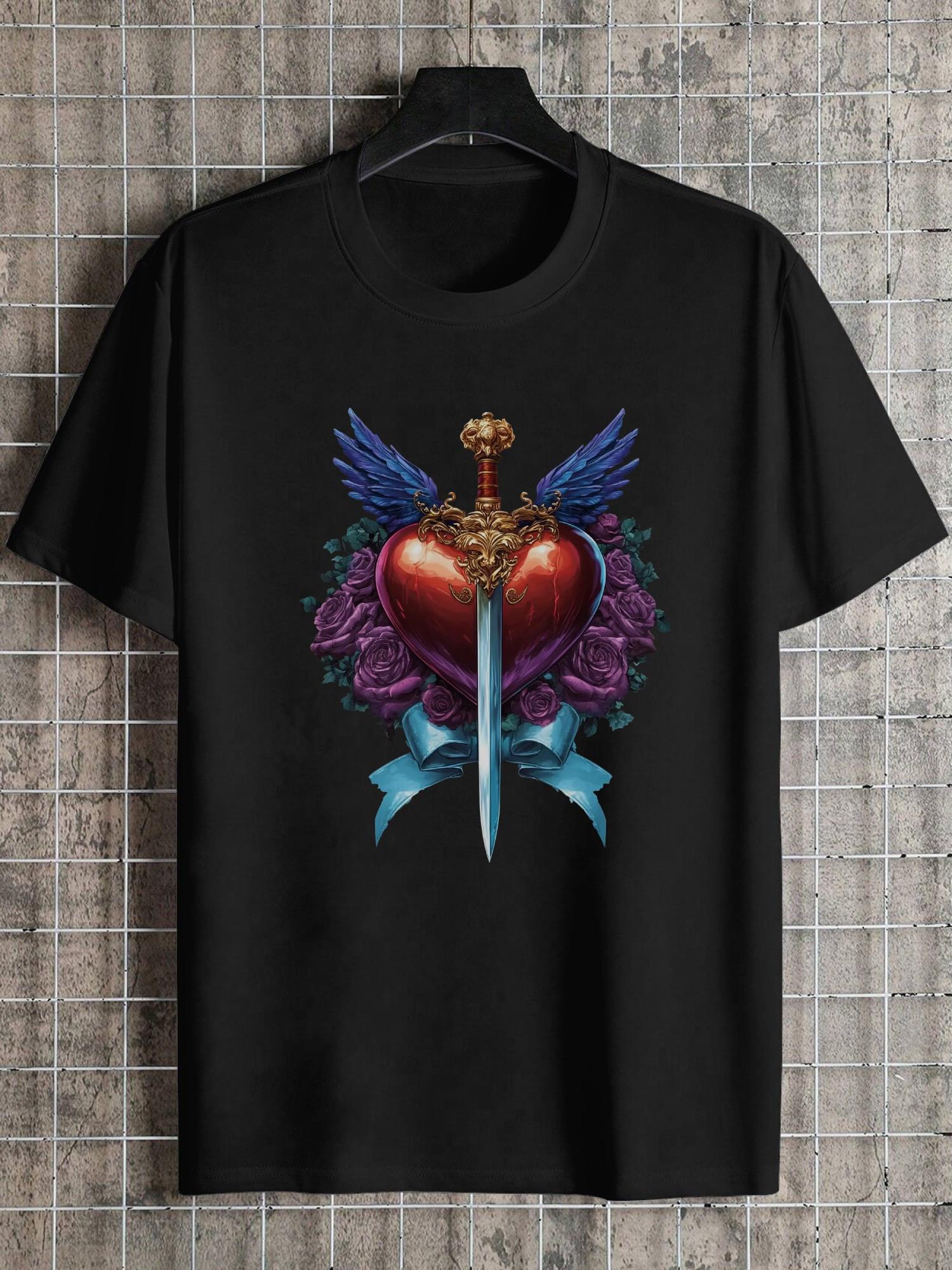 1pc Heart Sword Winged Roses Ribbon Black T-shirt XXL