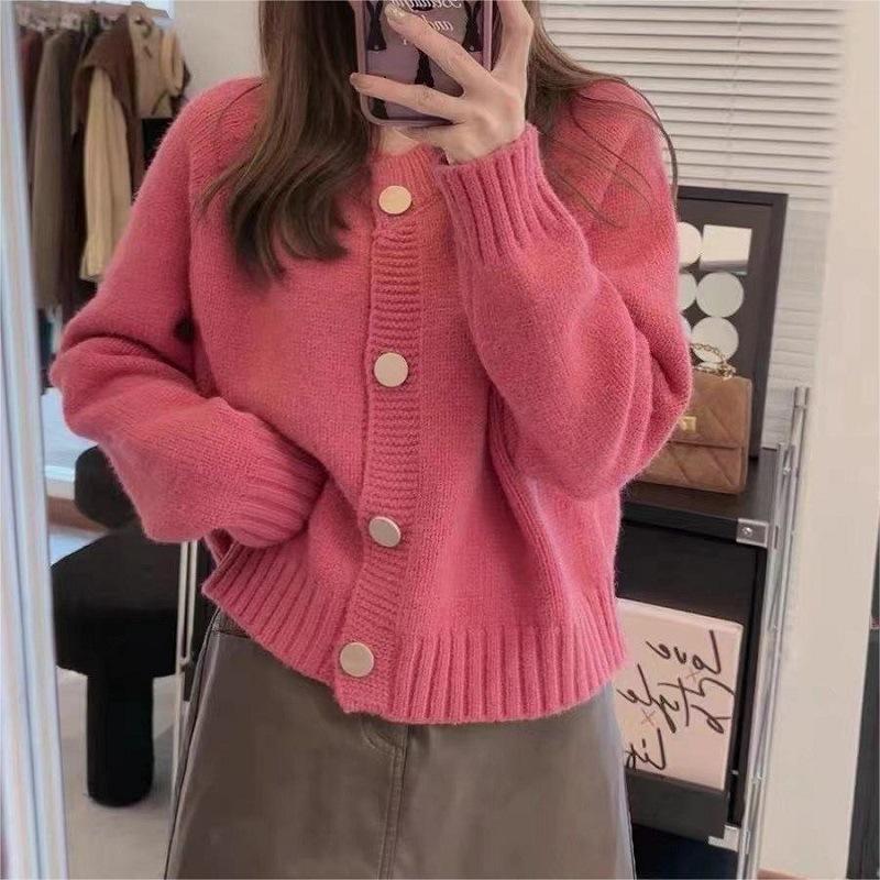 

Женский осенне-зимний однотонный вязаный кардиган, женский свободный тонкий однобортный однотонный свитер, куртка One size розы красного