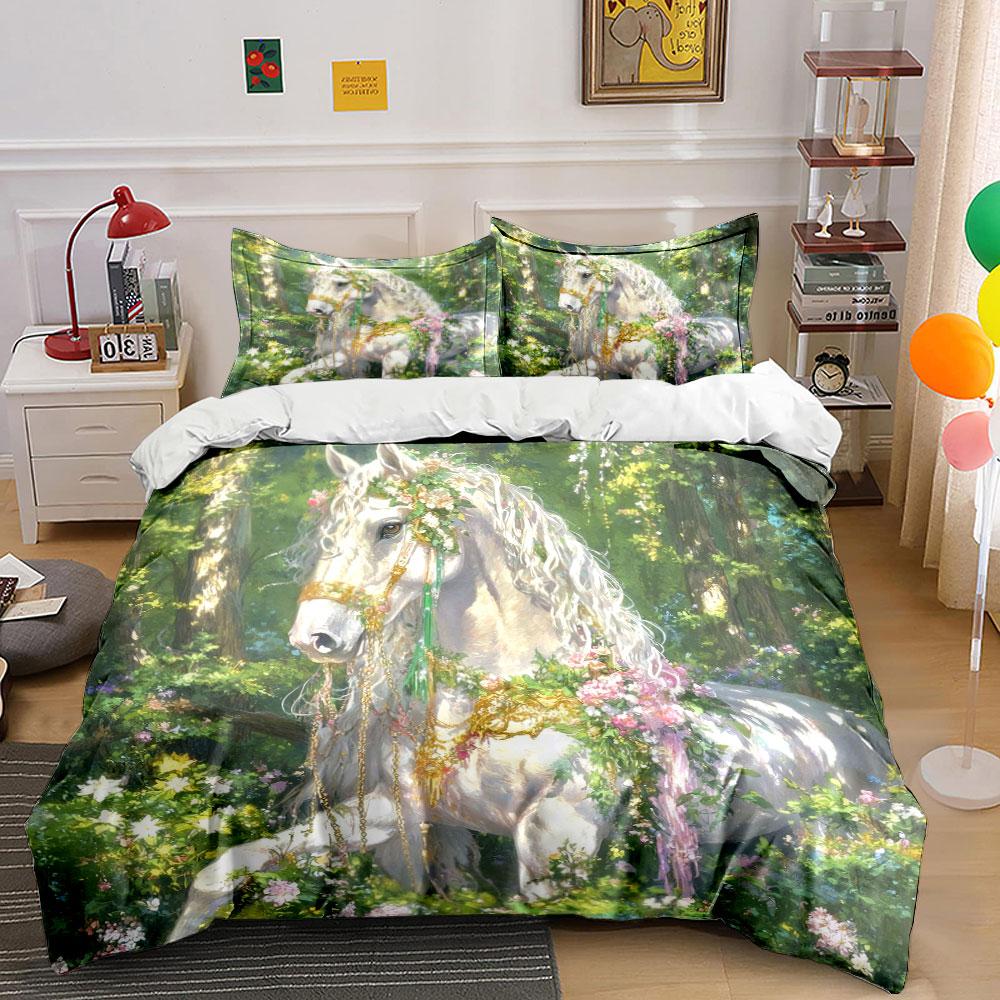 Floral Horse Decor Set Bedding Set With 1 Duvet Cover 2 Pillowcases Single Double King Queen, Gift