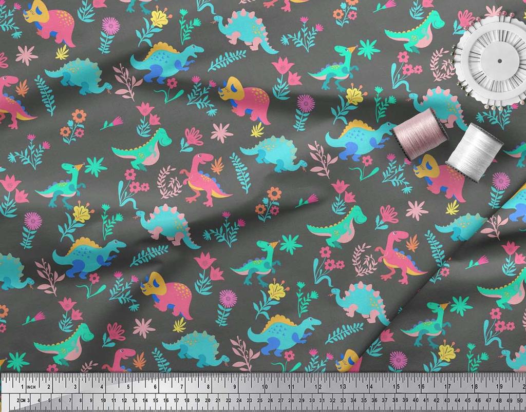 Soimoi Black Japan Crepe Satin Fabric Aster Flower & Dinosaur Kids Print Fabric by Metre 42 Inch