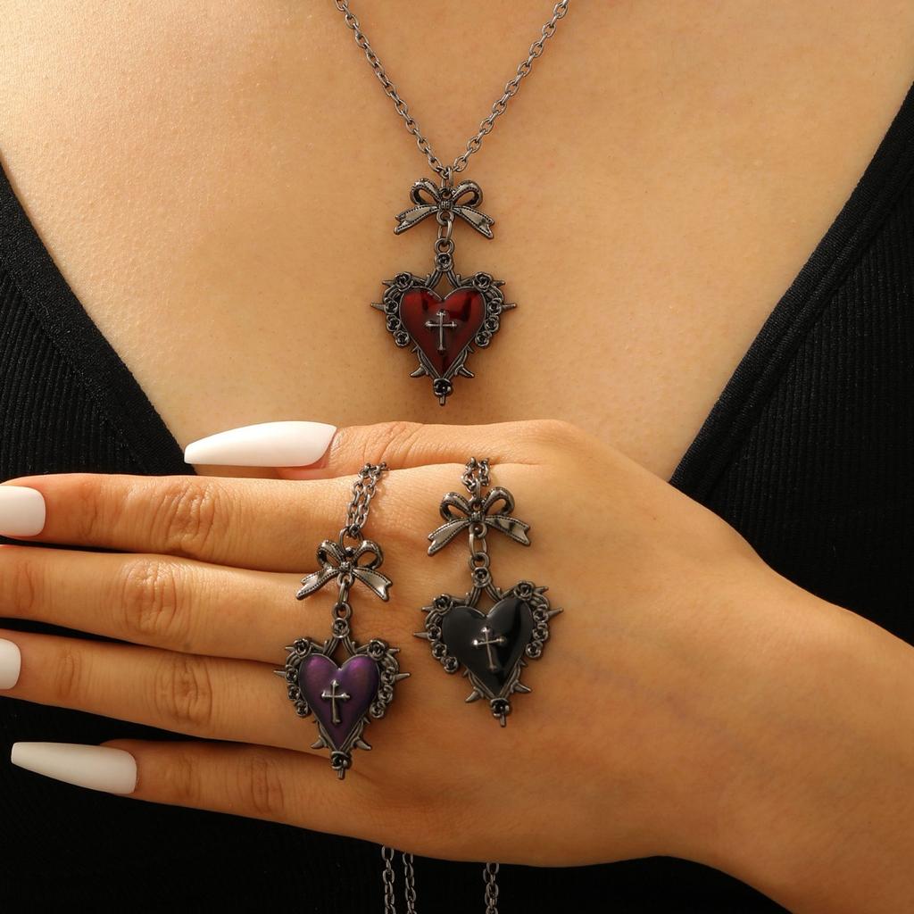 Gothic Bow Red Heart Cross Pendant Necklace Trendy Women Dark Style Neck Accessory