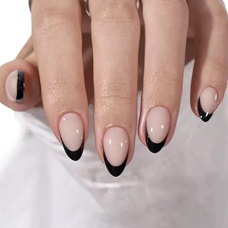 24 Pcs Nude Acrylic Press On Nail Art Short Medium Cheap Artificial Nails Simple White Black French Tips Fake Nails Set For Glue