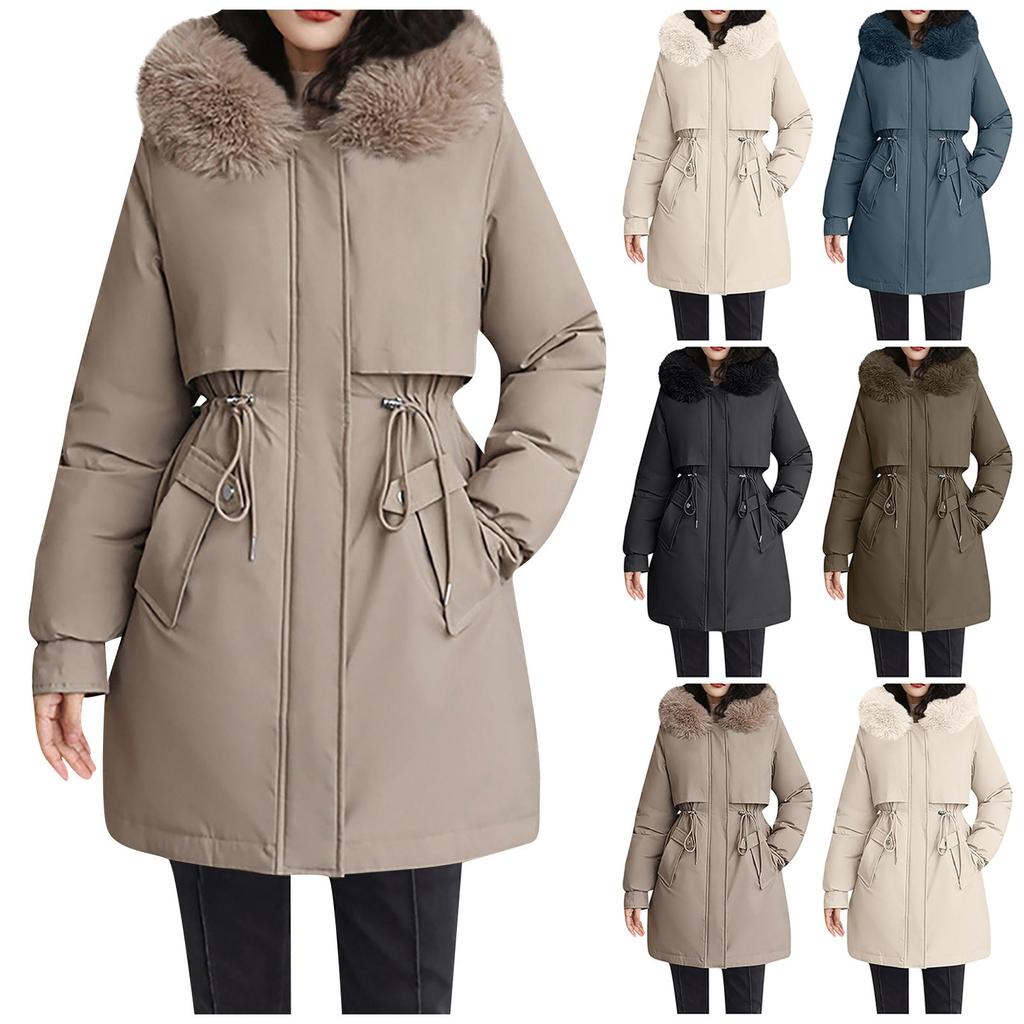 Damemote Uformell Ensfarget hette med plysj, middels lang langermet jakke med glidelåsknapp i bomull