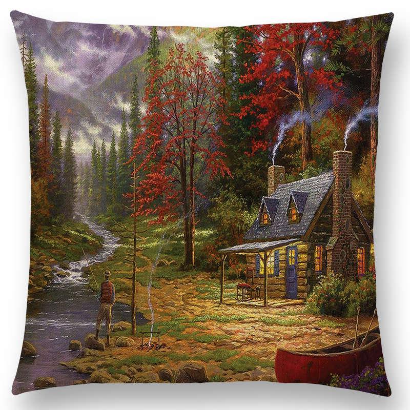 Home Decor Rustic Oil Painting Cushion Cover Beautiful Landscape Castle Lighthouse Sofa Pillow  Bedroom