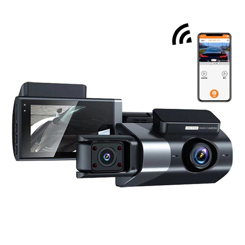 High-Definition 18P Three-Camera Dashcam with Multi-Lens Panoramic Parking Monitoring, App Connectivity, In-Car Device, Tf Card, USB