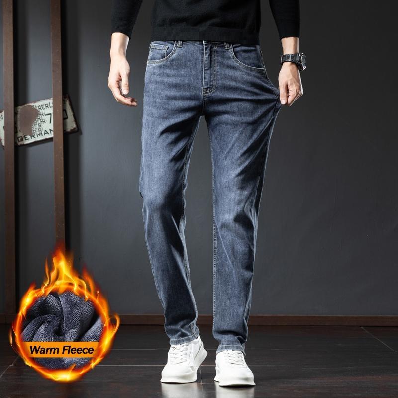Winter Fleece Jeans Men's Fashion Elastic Slim Straight Warm Trousers Thicken Business Casual Korean Thermal Denim Pants