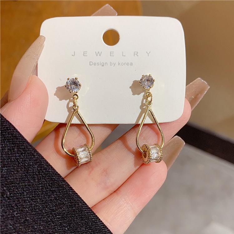 Silver needle small waist stud earrings female, temperament geometric water drop zircon earrings small fragrant wind earrings