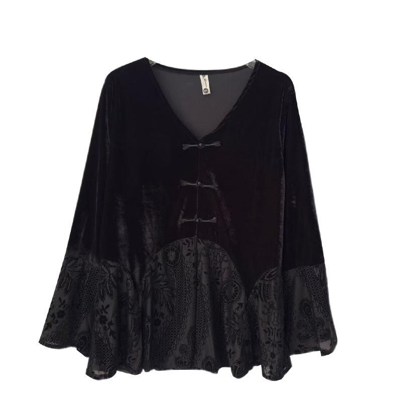 Velvet V-Neck Lace Patchwork Top with Frog Button – Plus Size Chinese Style
