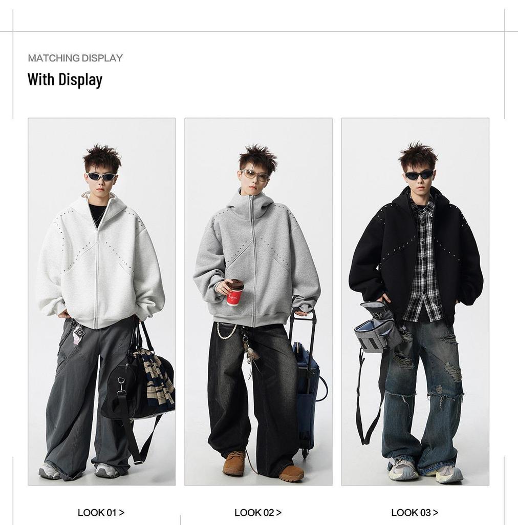 Unisex Pánský/Dámský Těžký Mikinový Svetr s Nýty - Podzim/Zima 2025 Trendy Volná Bunda