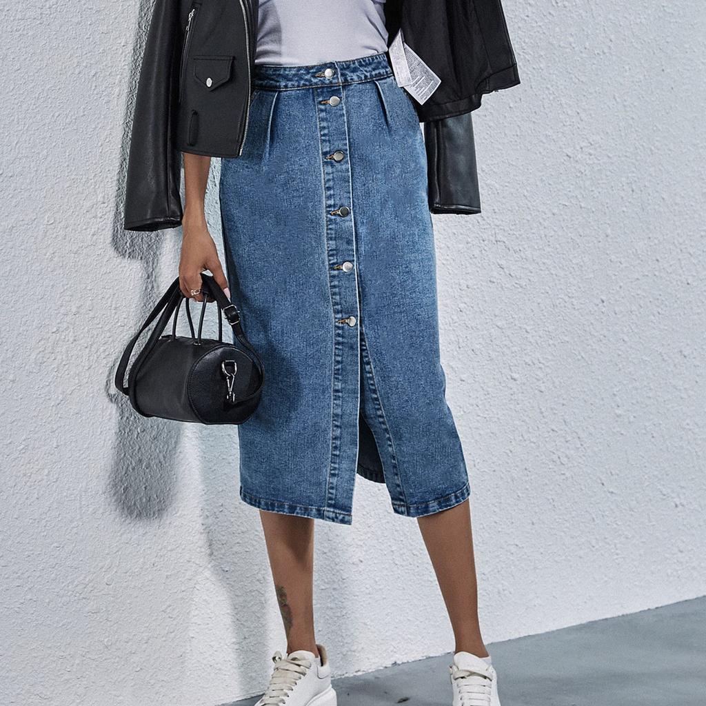 Damen Modischer High-Waist Einreihiger Jeansrock