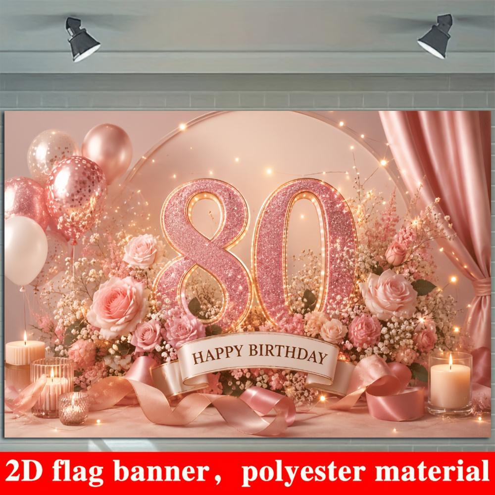 80th Birthday Party Banner Backdrop Rose Pink Polyester Photo Wall Decor