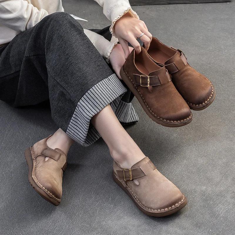 Fashion 3CM Handmade Genuine Leather Flat Shoes Women Retro Style Slip On Casual Loafers Soft Sole Literary Style Women Vulcanized Shoes