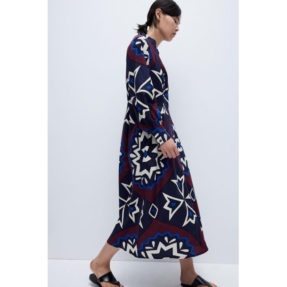 

H M Fitted Waist Shirt Dress Burgundy Pattern