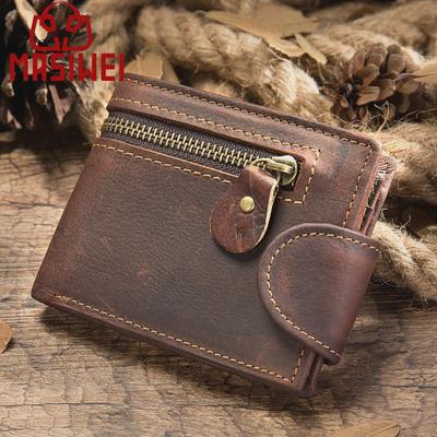 Men's Crazy Horse Leather Wallet - Genuine Cowhide, Short Style with Buckle and Multiple Card Slots