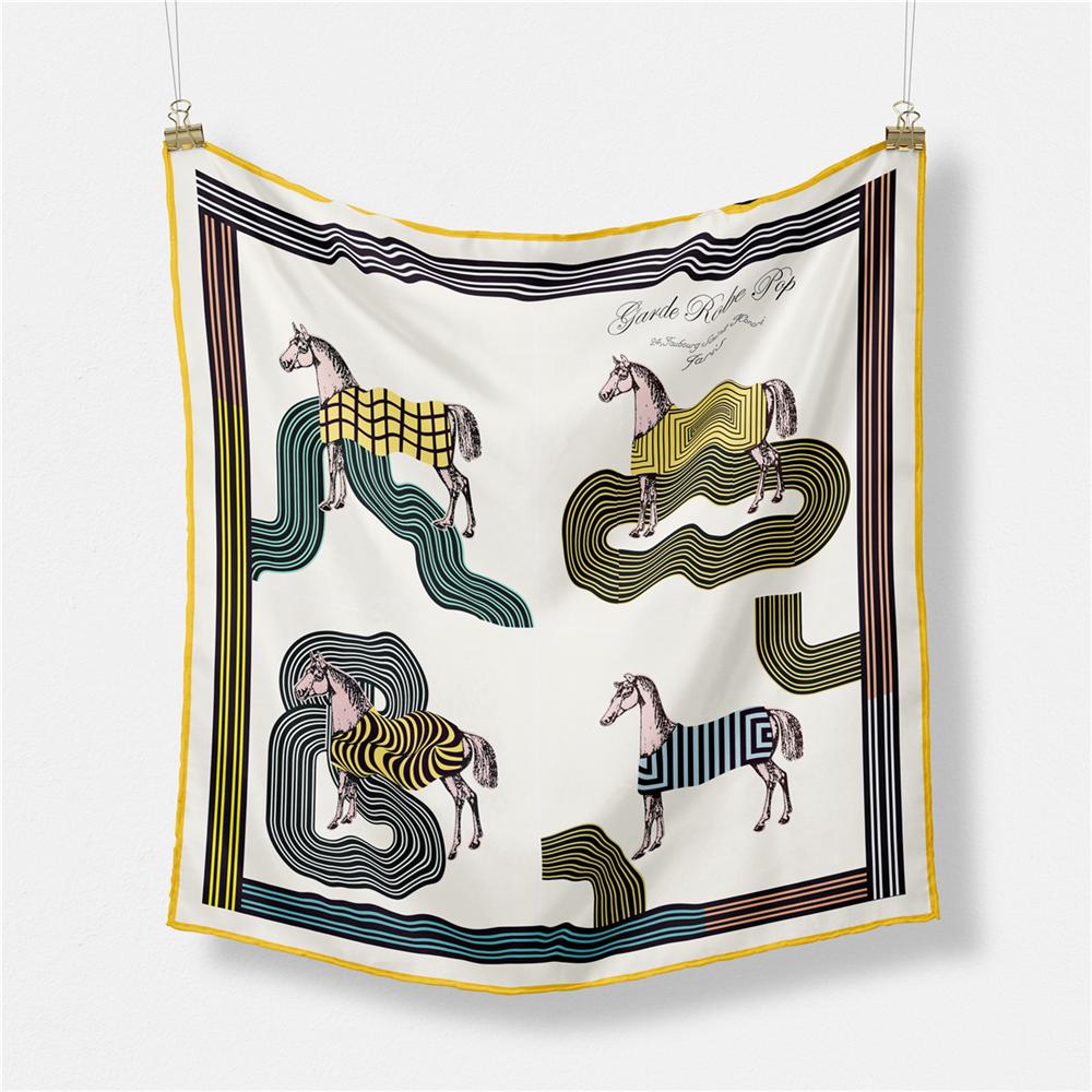 Twill Silk Scarf Woman Tassel Horse Print Square Scarves Wraps Bandana Small Hijab Silk Foulards Lady Tie Headband Neckerchief