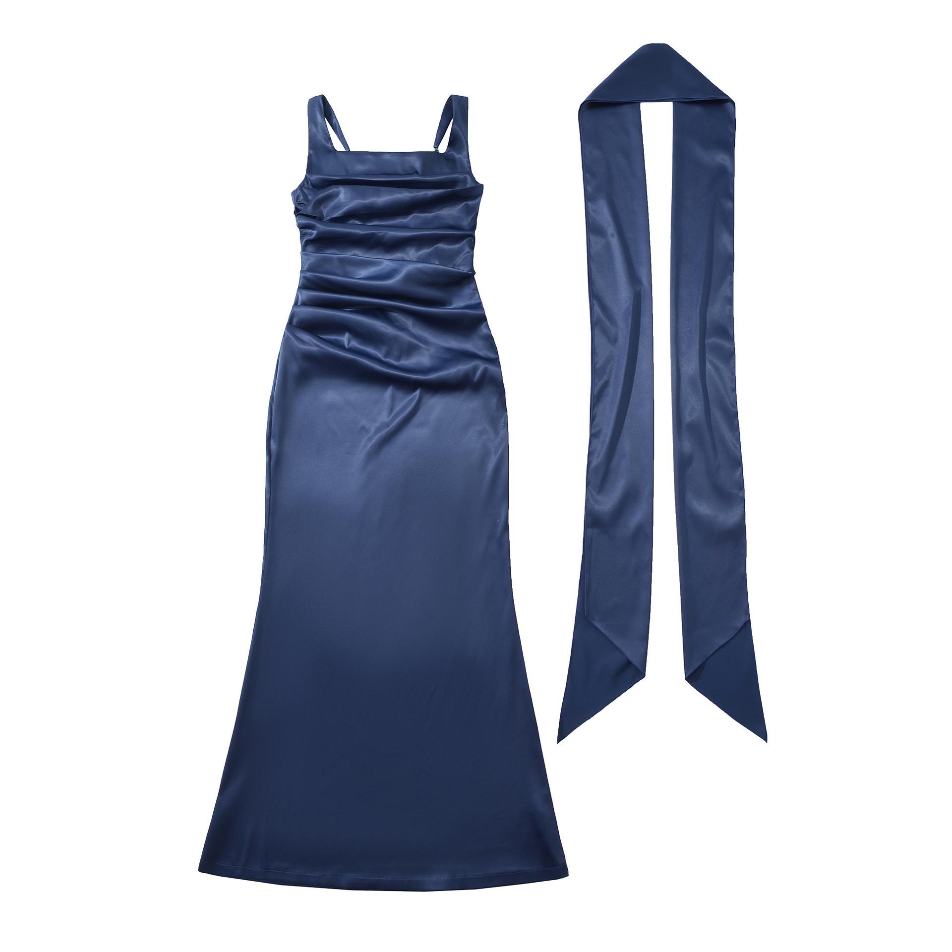 

2026 Retro Square Neck Pleated Long Dress with Boning and Open Back Large темно-синього кольору