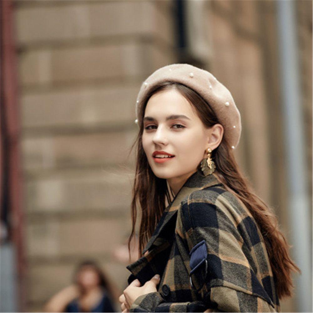 Damen Mädchen Weiche Lässige Elegante Baskenmütze Perle Wolle Malermützen Französische Mütze