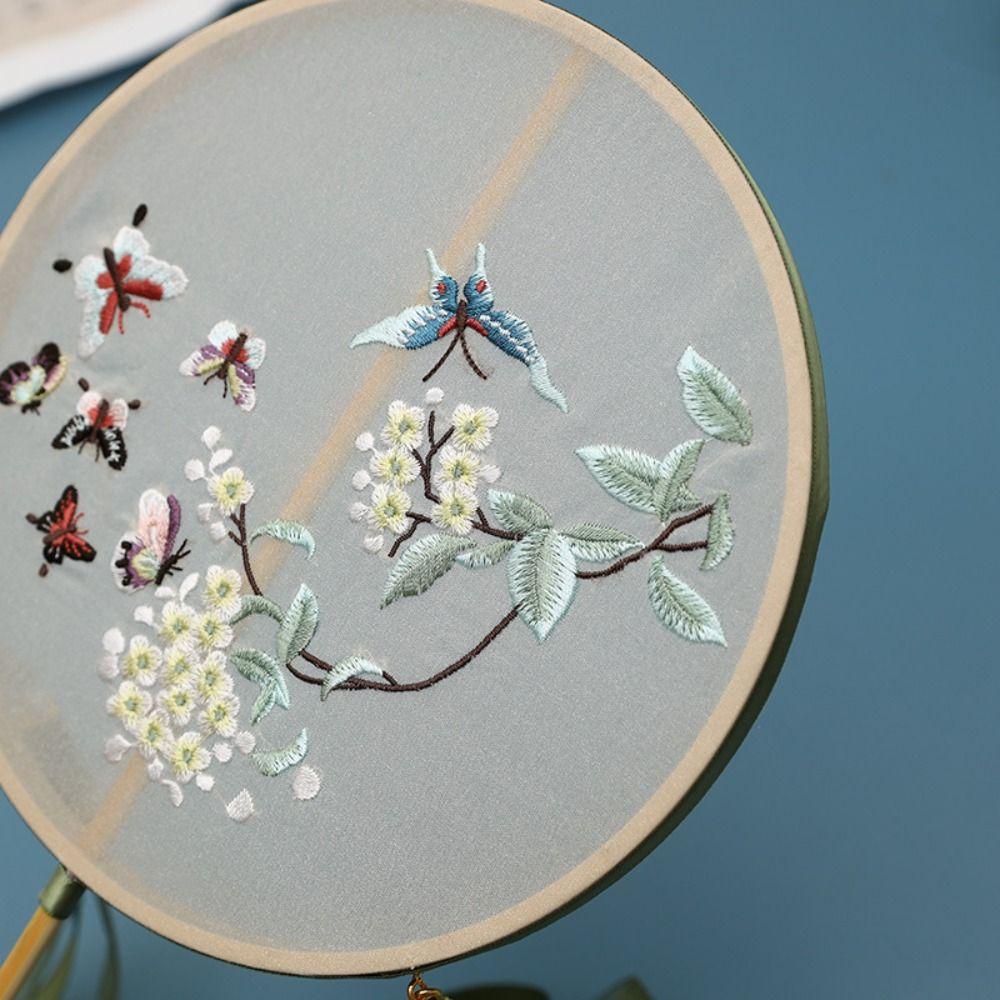 Embroidered Long Handle Silk Fan Vintage Hanfu Hand Fan Chinese Style Round Fan  Women