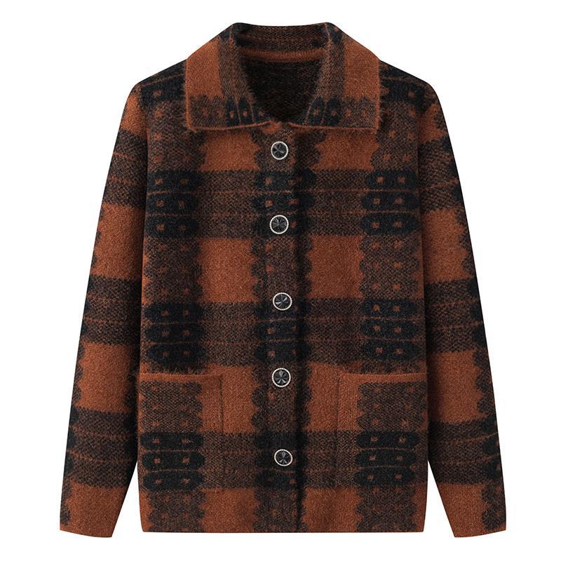 Kobiety Jesień Zima Casualowa Kraciasta Odzież Swetry Dzianina Topy Babcia Pogrubiona Ciepła Wełniana Kurtka