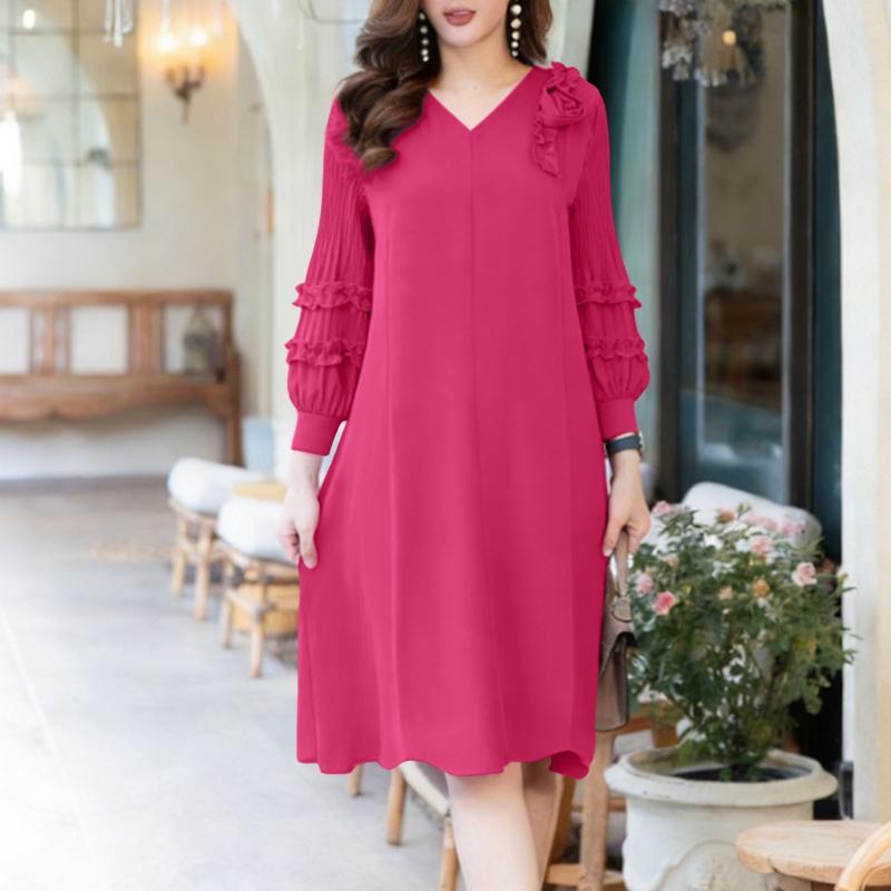ZANZEA Women Casual V-Neck Loose 3/4 Sleeve 3D Flowers Splice Dress S темно-розовый
