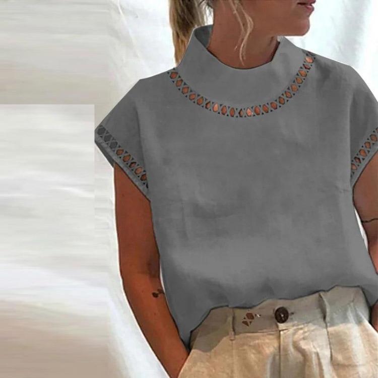 Breathable Cotton Linen Blouse for Women Casual Hollow Top Stand Collar Lace Patchwork Solid Color Shirt