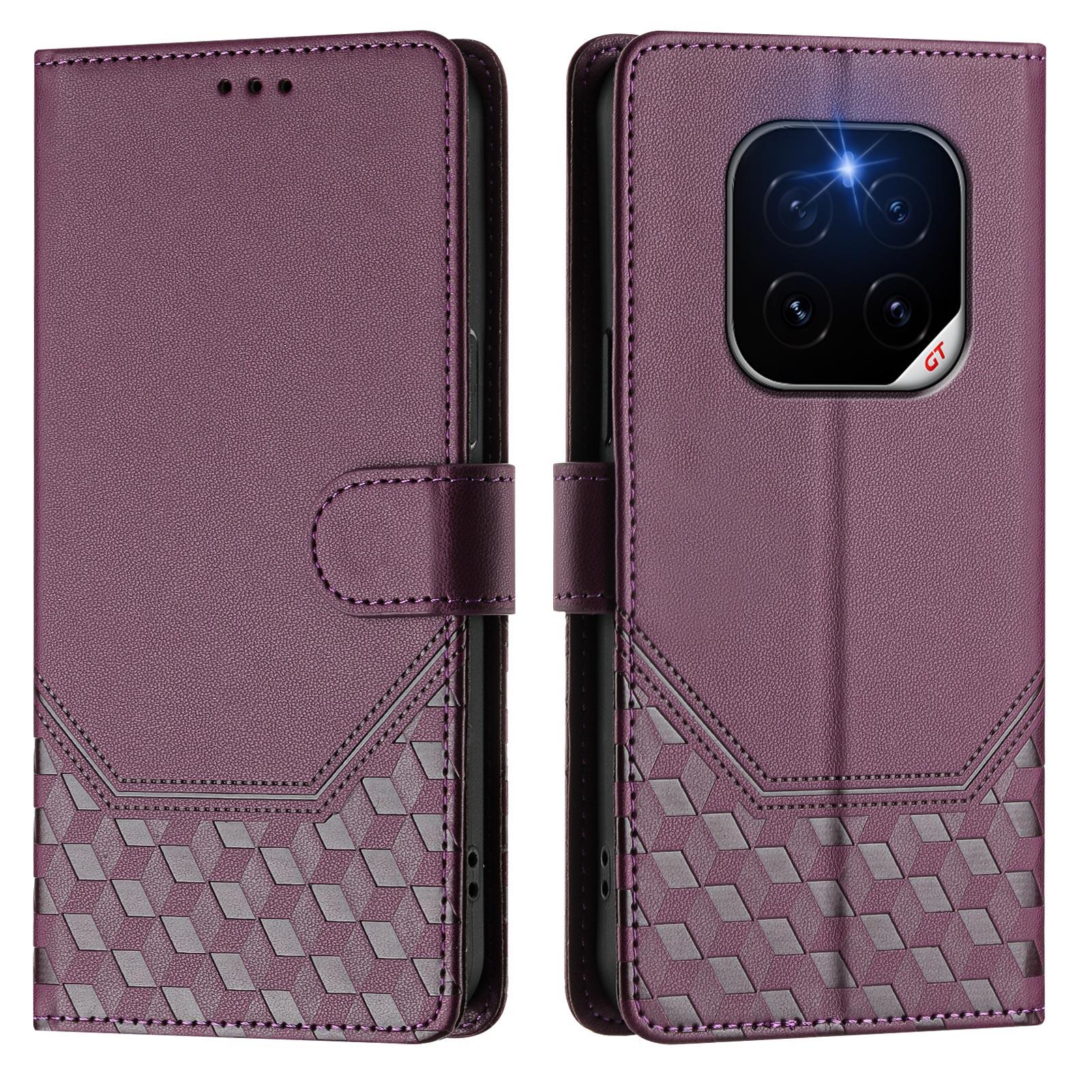 

For Honor GT Pro Case Imprinted Honeycomb RFID Blocking Leather Phone Cover with Strap Dark Purple
