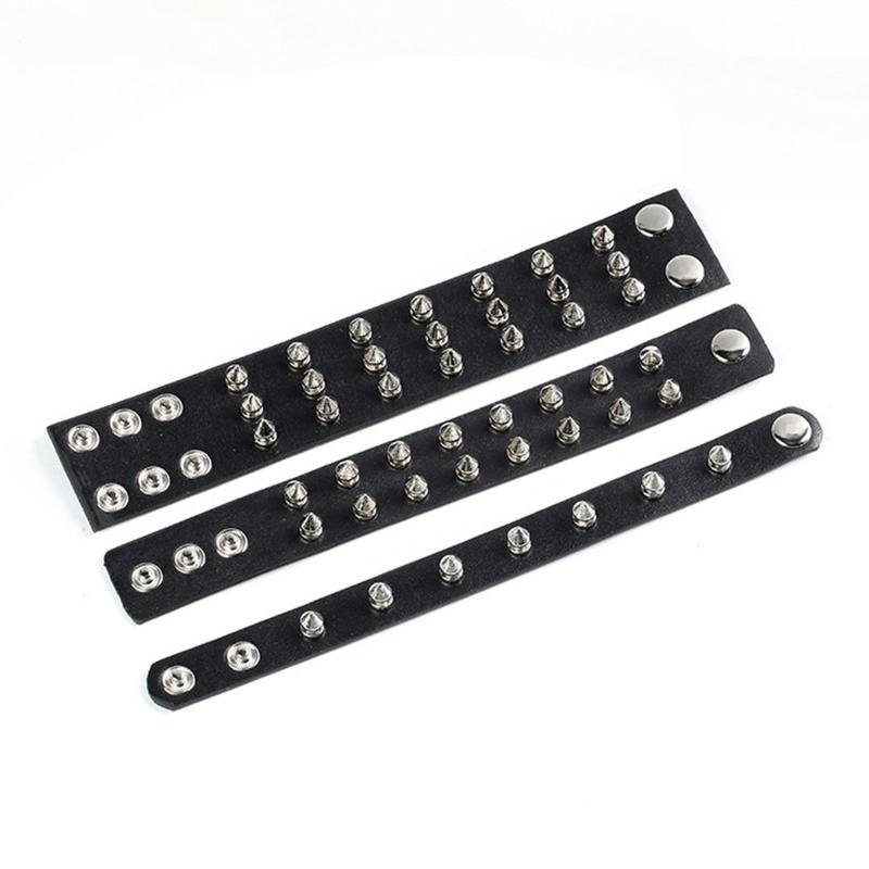 Spiked Studded Bracelet Black Leather Rivets Punk Bracelet Cuff Wrap Bangle Metal Snap Button Wristband for Men Women