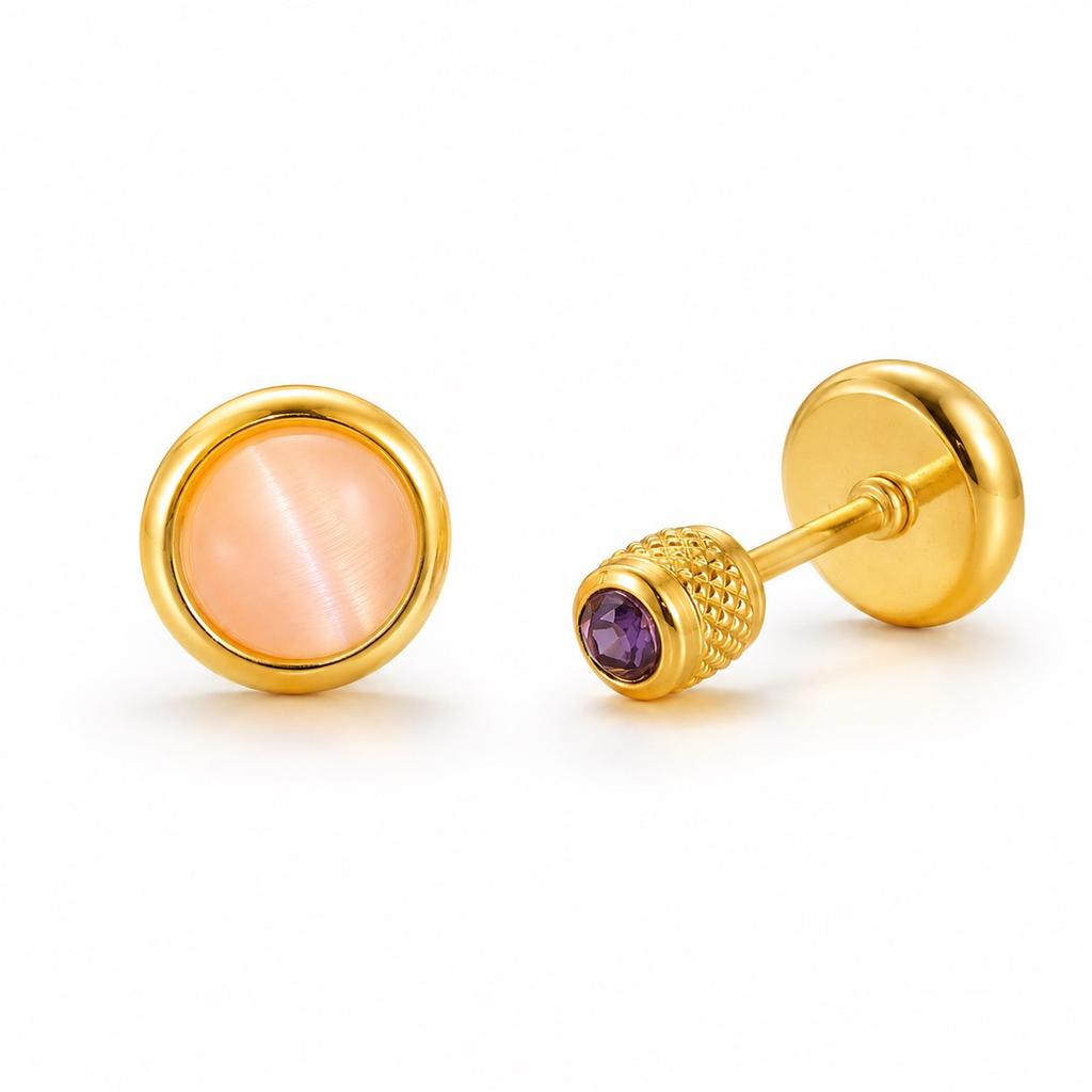 Birthstone Stud Earring for Women,18k Gold Plated Stainless Steel Cat Eye Stone Flat Back, Dainty Everyday Jewelry