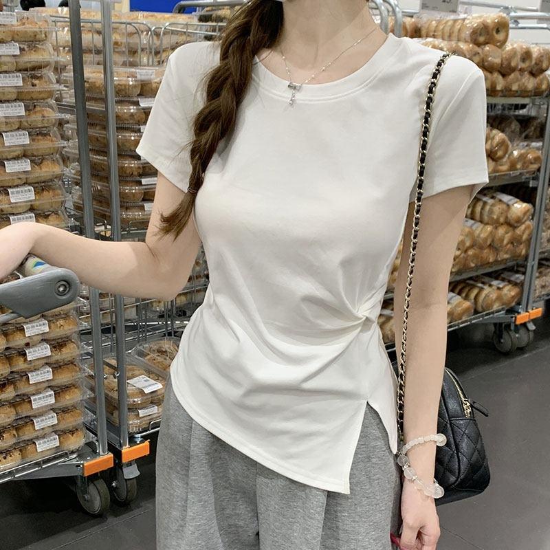 Crew Neck Knot Split Design Waist Short-sleeved T-shirt Women's Summer New Irregular Hem Slim-fitting Top