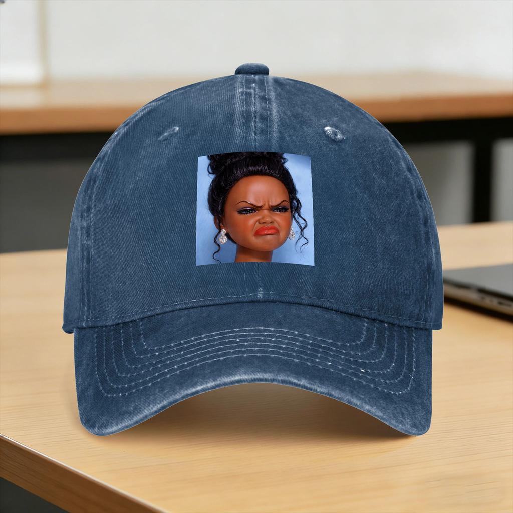 Angry Disgusted Black Doll Face Meme Washed Baseball Cap Fitted Retro Sun Trucker Hat Summer Women Unisex Kpop Rock Snapback Cap