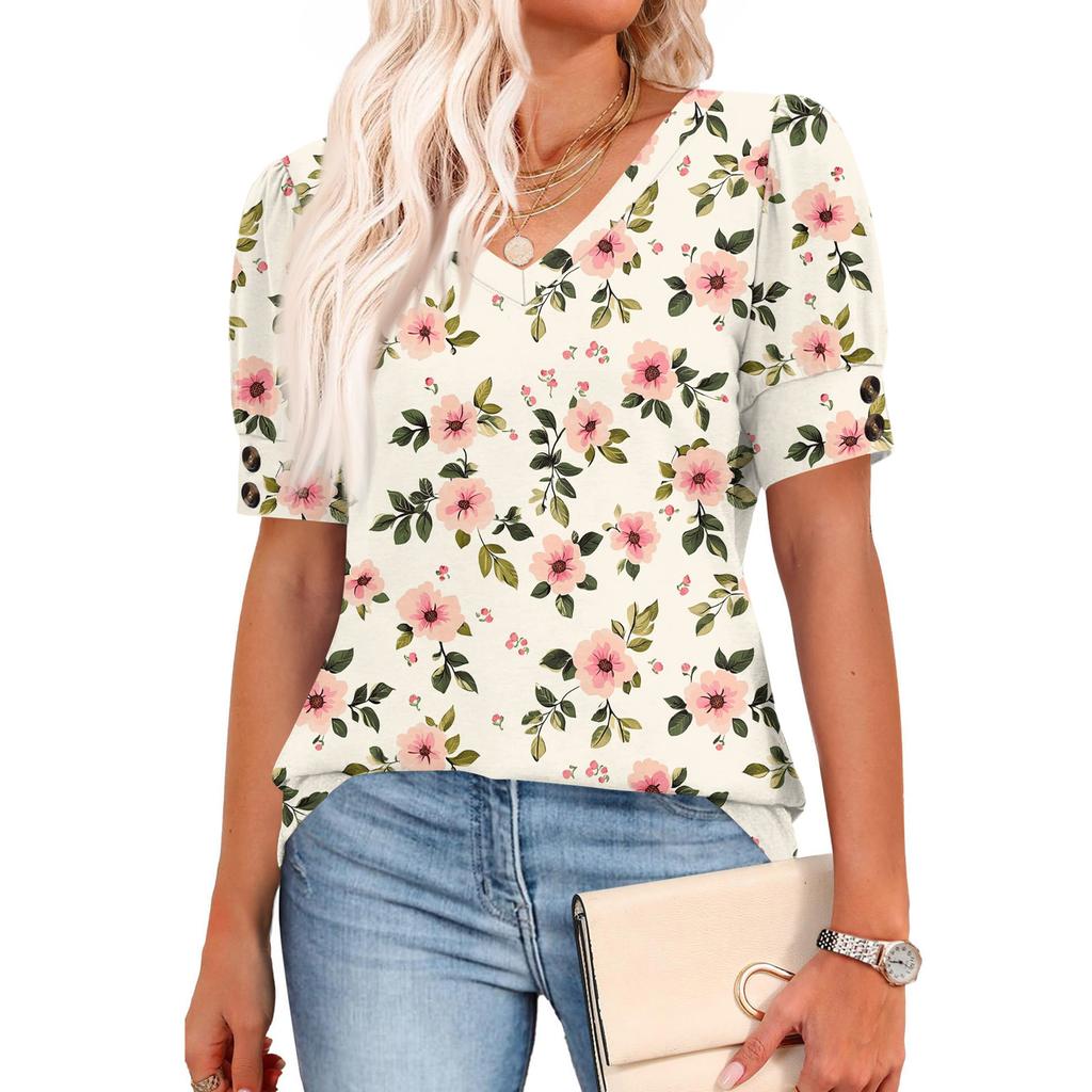 Womens Tops Short Sleeve Shirts Buttons V Neck Fashion Outfits Blouses Casual