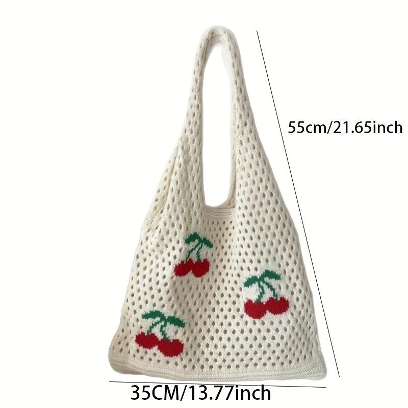 Borsa a Spalla Svuotata Lavorata a Maglia Ciliegia, Borsa a Mano con Ricamo, Borsa Tote Estiva Monocolore da Donna