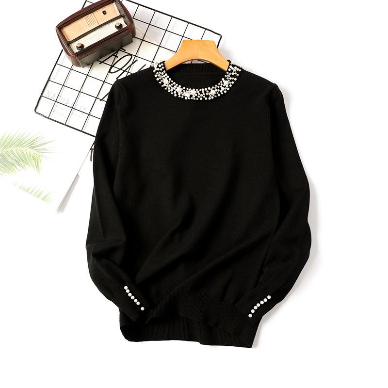 Autumn Winter Bead Pullover Sweater Women's O Neck Long Sleeve Solid Color Loose Knitwear Tops