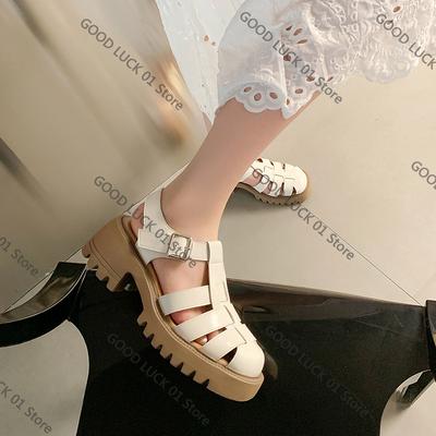 Modische Römersandalen aus echtem Leder für Damen, High Heels für Sommerbekleidung, hochwertig, modisch, Zehengeflecht-Damenschuhe mit dicker Sohle